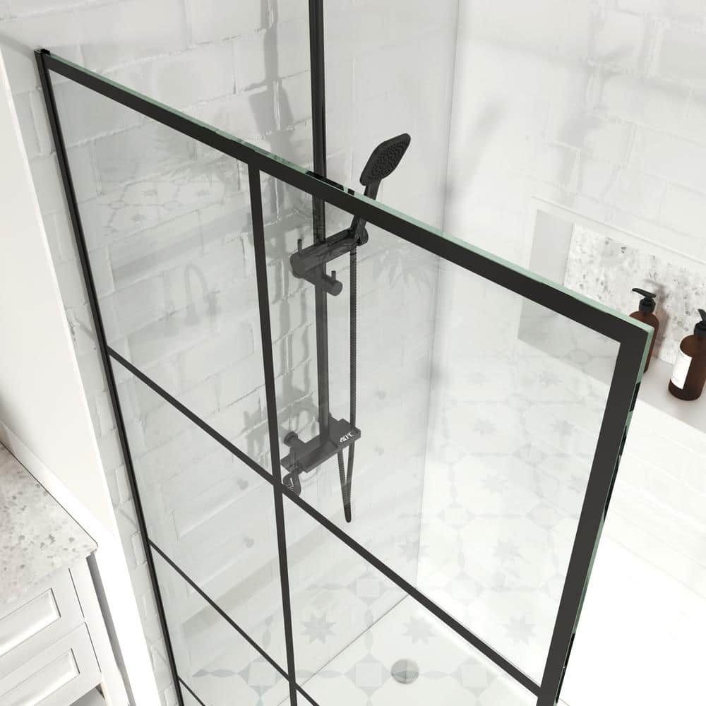 YINVANI 30 in. W x 76 in. Fixed Single Panel Frameless Shower Door Shower Screen in Matte Black Grid with Easy-Clean 10mm Glass
