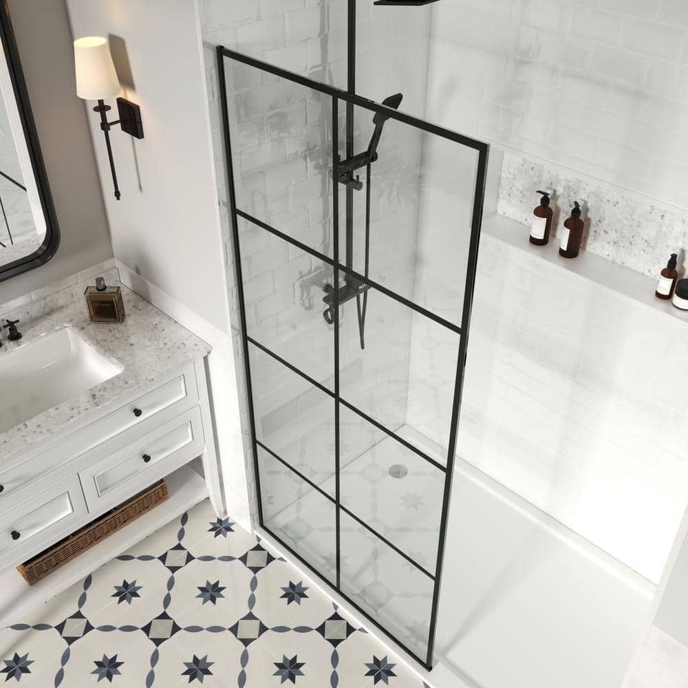YINVANI 30 in. W x 76 in. Fixed Single Panel Frameless Shower Door Shower Screen in Matte Black Grid with Easy-Clean 10mm Glass