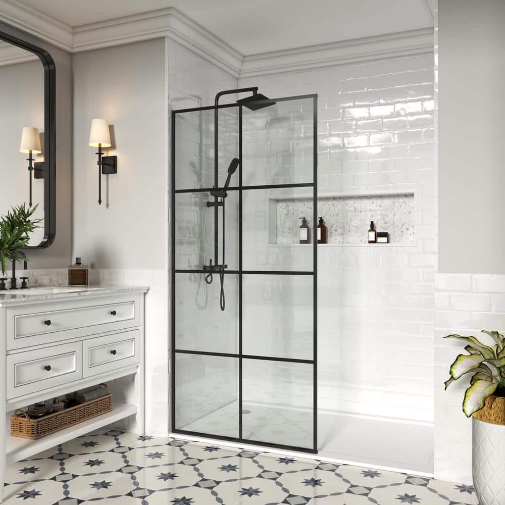 YINVANI 30 in. W x 76 in. Fixed Single Panel Frameless Shower Door Shower Screen in Matte Black Grid with Easy-Clean 10mm Glass