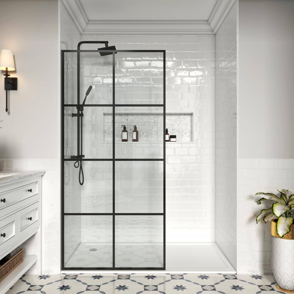 YINVANI 30 in. W x 76 in. Fixed Single Panel Frameless Shower Door Shower Screen in Matte Black Grid with Easy-Clean 10mm Glass