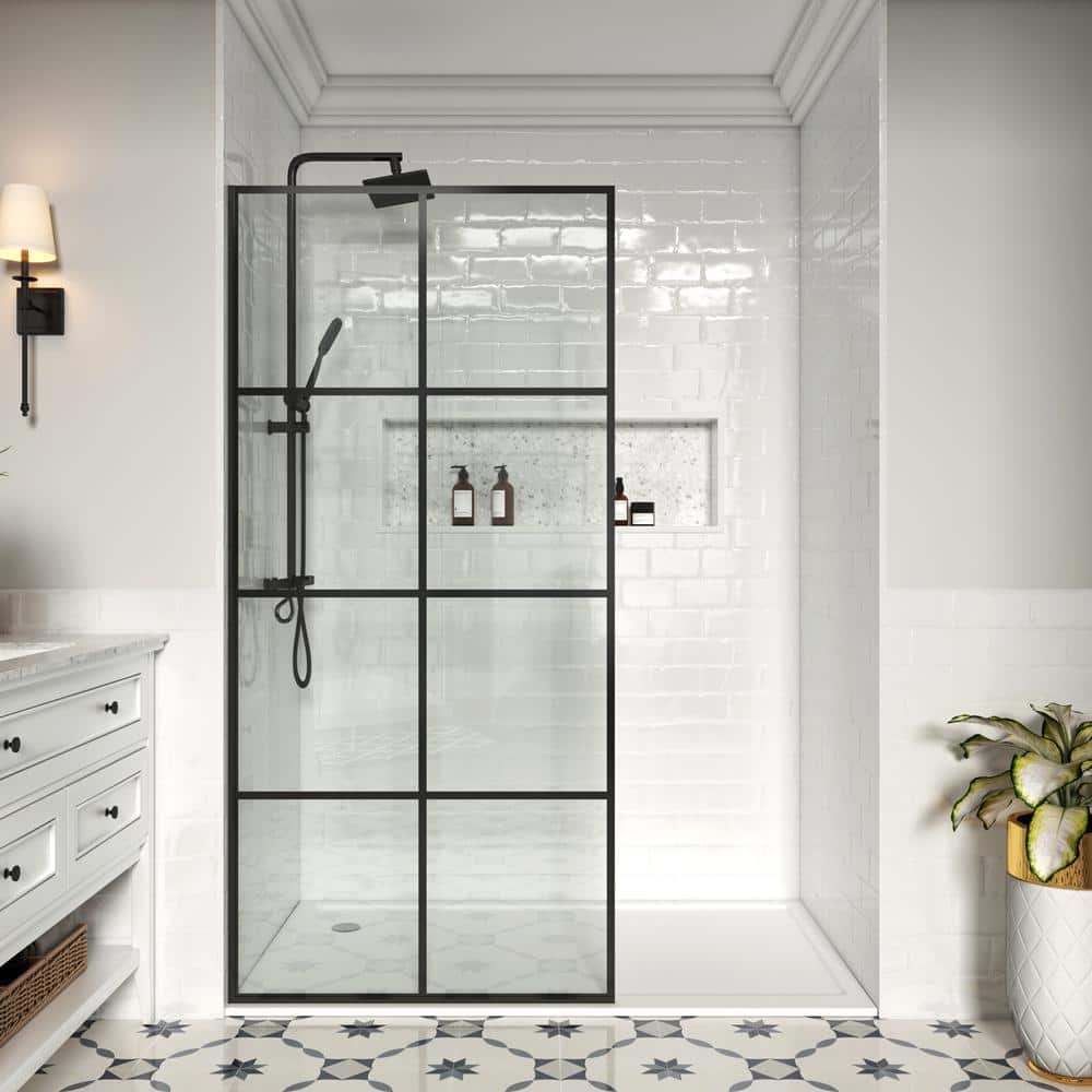 YINVANI 30 in. W x 76 in. Fixed Single Panel Frameless Shower Door Shower Screen in Matte Black Grid with Easy-Clean 10mm Glass