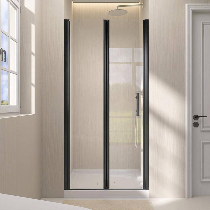 Zeafive 36 to 37-1/2 in. W x 72 in. H Frameless Shower Door Bifold Swing Pivot Small Shower Door in Black with Clear Glass
