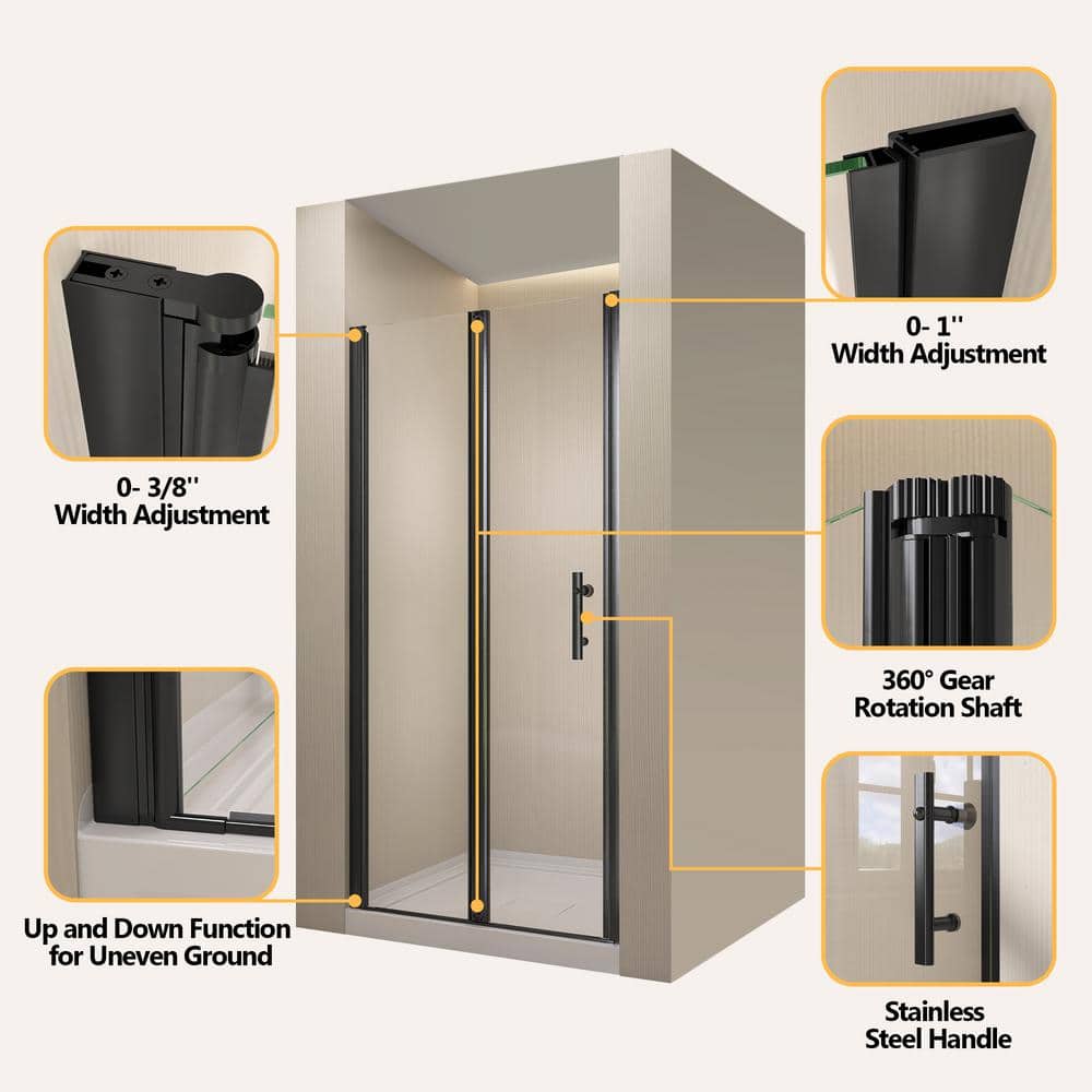 Zeafive 36 to 37-1/2 in. W x 72 in. H Frameless Shower Door Bifold Swing Pivot Small Shower Door in Black with Clear Glass