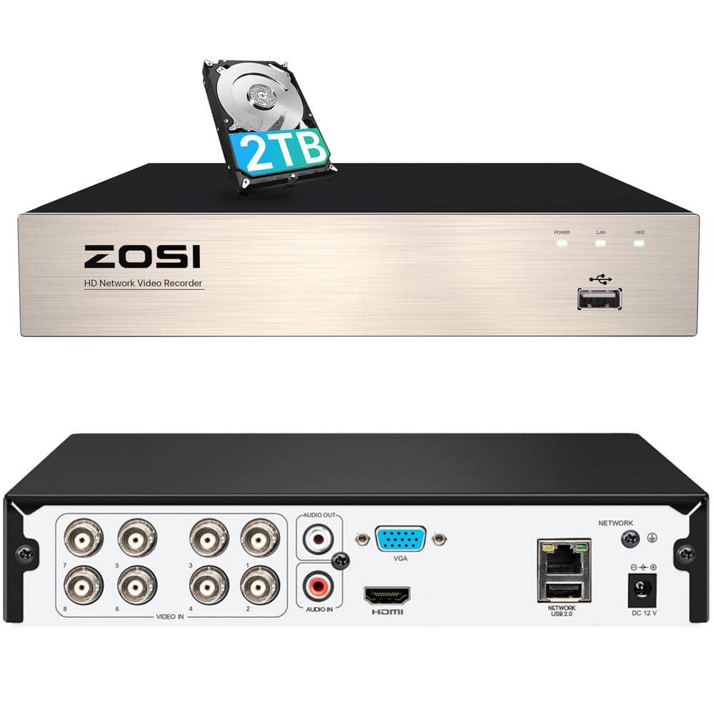 ZOSI 8-Channel 1080p Surveillance DVR Recorder Security 2TB Hard Drive for HD-TVI, CVI, CVBS, AHD 720p/1080p/5MP CCTV Camera