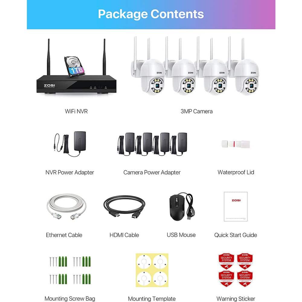ZOSI 8 Channel 3MP 1TB Wi-Fi NVR Security Camera System with 4 Wireless Outdoor Cameras, 355-Degree Pan/Tilt, Human Detection