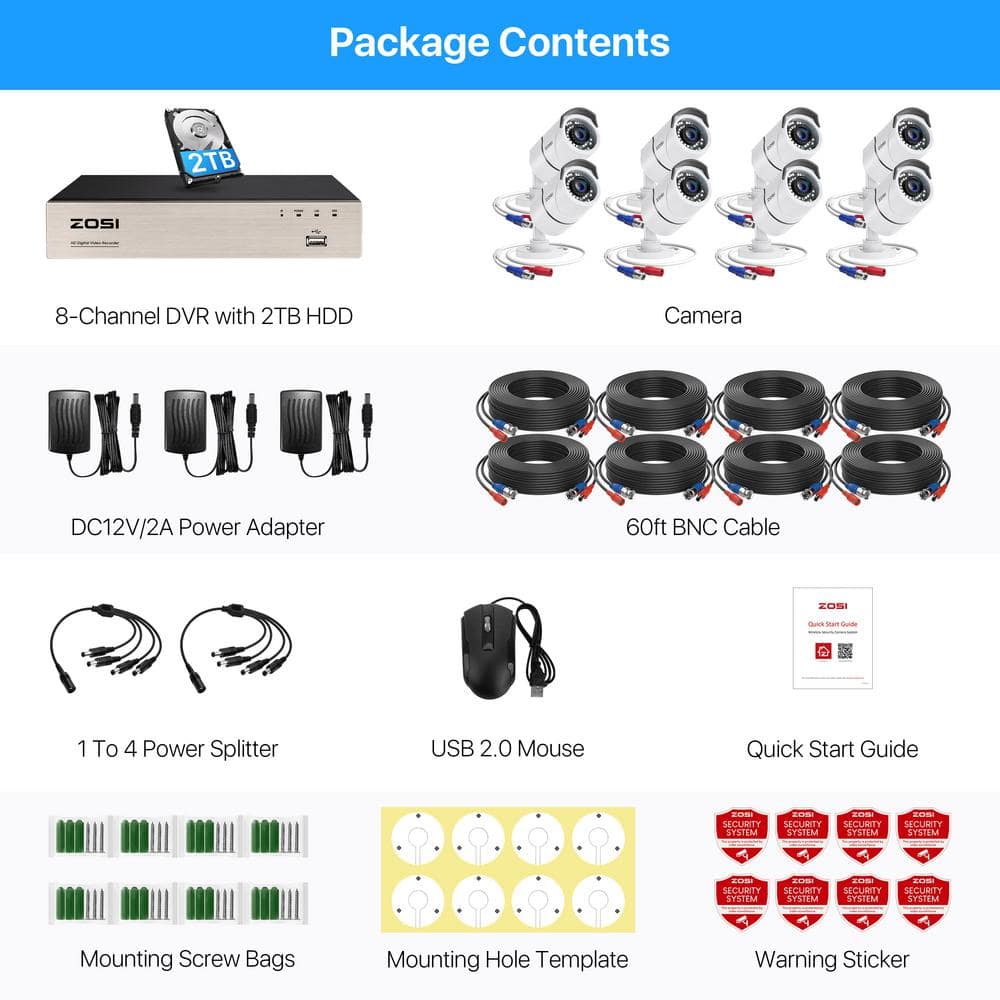 ZOSI H.265+ 8-Channel 5MP-Lite 2TB Hard Drive DVR Security Camera System with 8X 1080p Wired Bullet Cameras