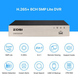 ZOSI H.265+ 8-Channel 5MP-Lite 2TB Hard Drive DVR Security Camera System with 8X 1080p Wired Bullet Cameras