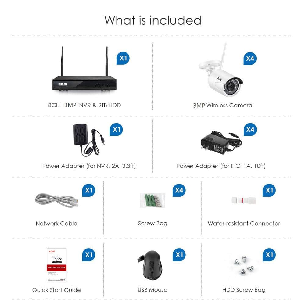 ZOSI 8-Channel 3MP 2K 1TB Hard Drive NVR Security Camera System with 4 Wireless Bullet Cameras