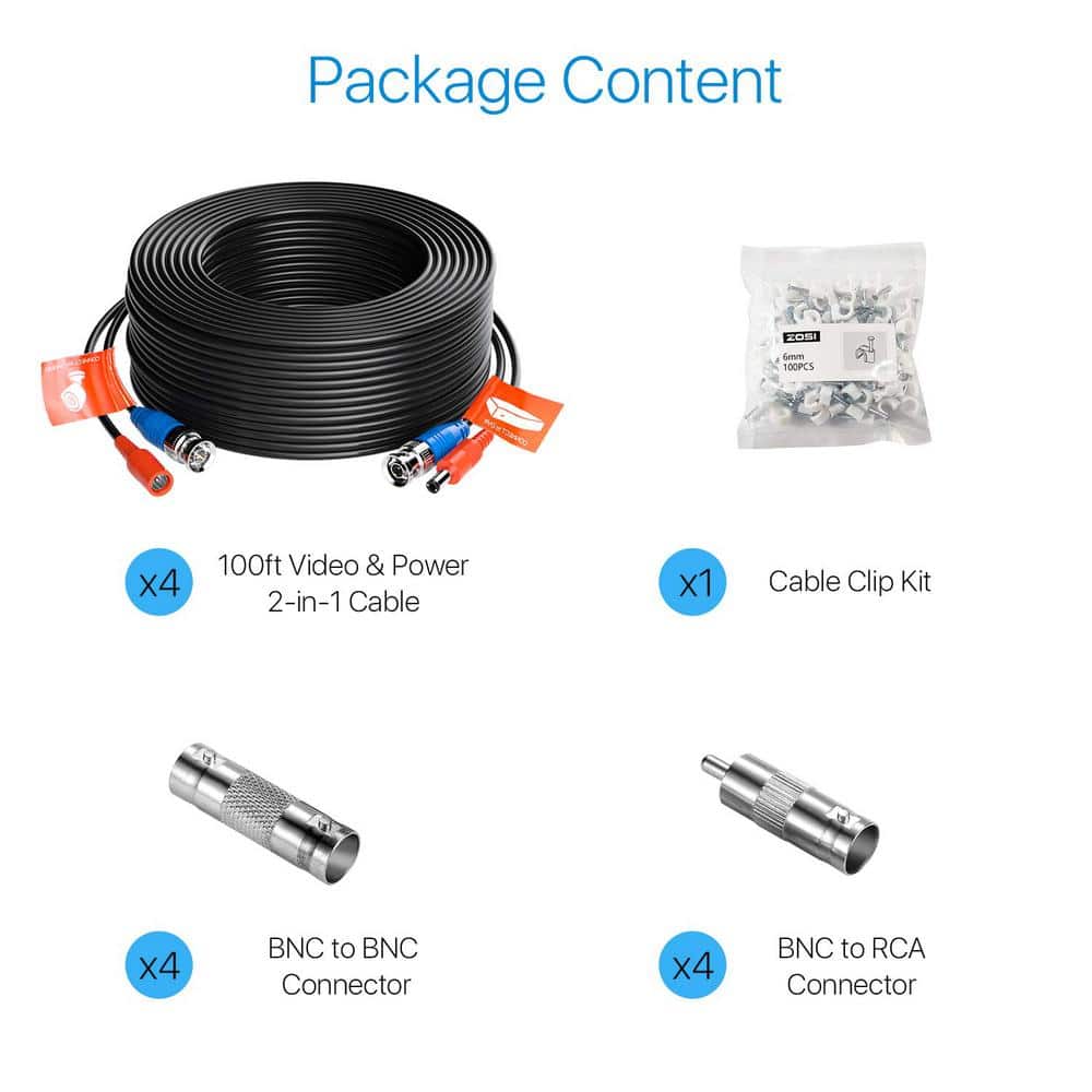 ZOSI 100 ft. Security Camera Cables BNC Cord Video Power Cable (4 pack of 100ft)