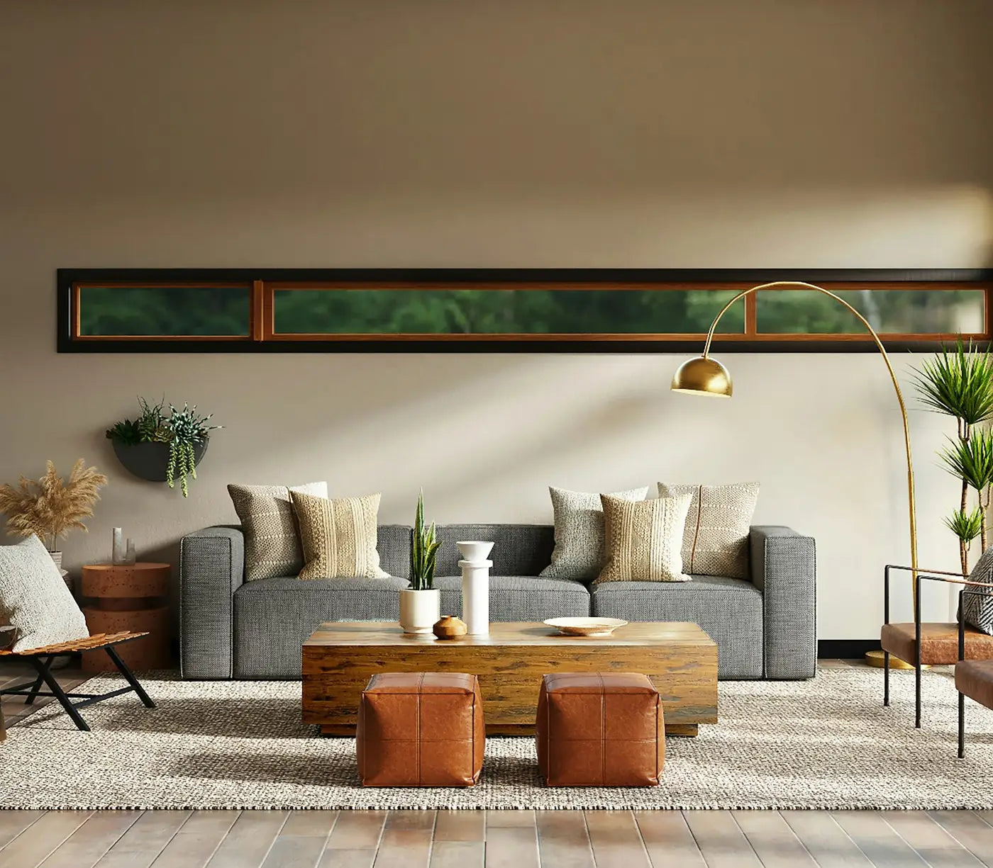 A warm living room in earth tones — leather, linen, and brass in low light