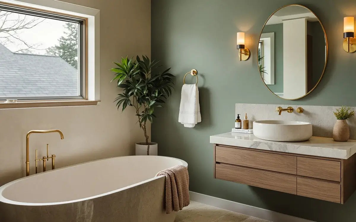 A finished bathroom renovation with freestanding tub, oak vanity, and brass fixtures in warm evening light