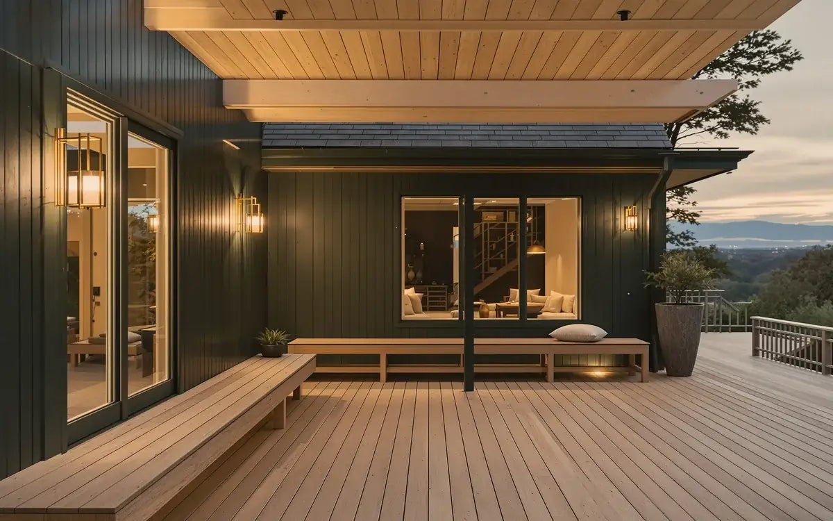 A finished oak deck with built-in bench seating against forest-green siding at golden hour