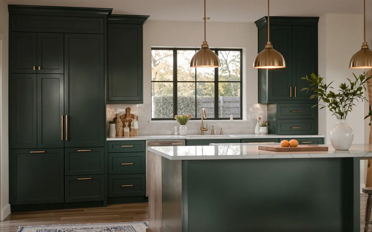 A finished kitchen remodel at dusk with forest-green shaker cabinetry, oak island, and brass pendant lighting