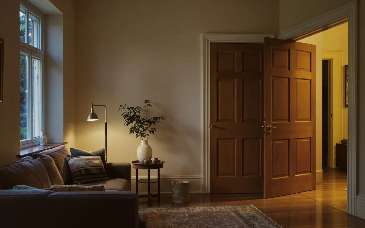 A freshly turned-over rental living room with oak floors, new paint, and a warm lamp-lit entry